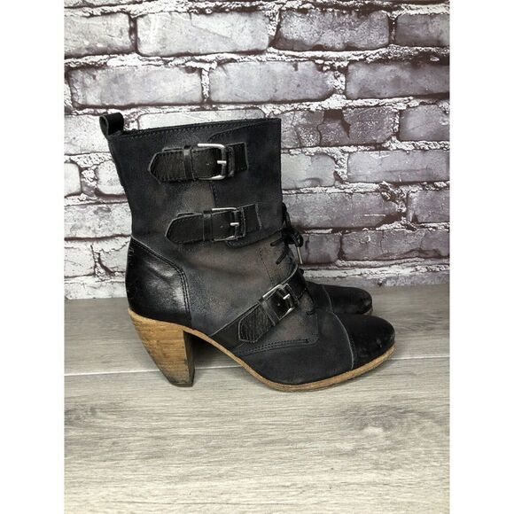 AllSaints Spitalfields Jacks Place Black Leather Zip Heel Strap Boots Women 38EU - Picture 1 of 16